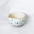 Ceramic bowl with speckled design on a white background